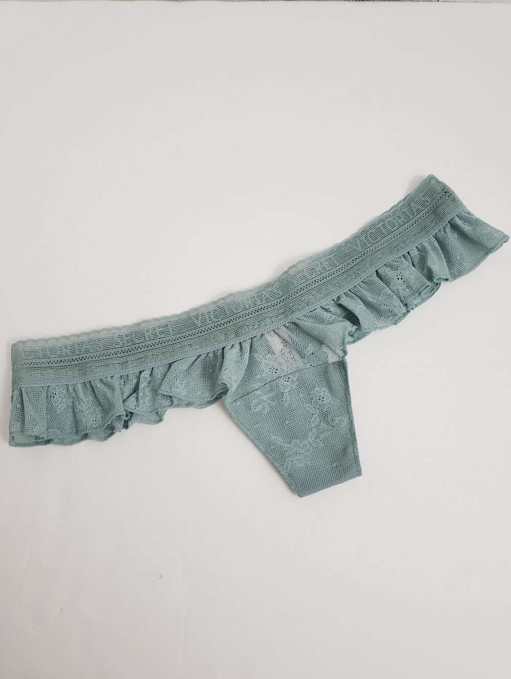 NWT XS Victoria's Secret Sage Green Lace Thong w/ Ruffle Trim Detail